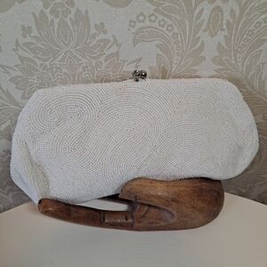 Magid White Glass Bead Evening Clutch Bag Kisslock Crystal Vintage